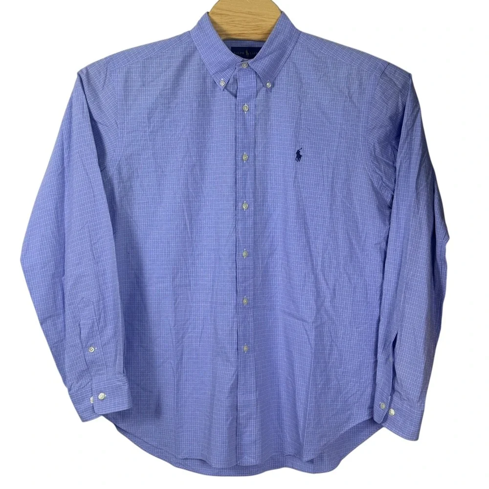 Ralph Lauren Button Down‎ Shirt Men XL Blue Micro Check Classic Fit Pony Preppy